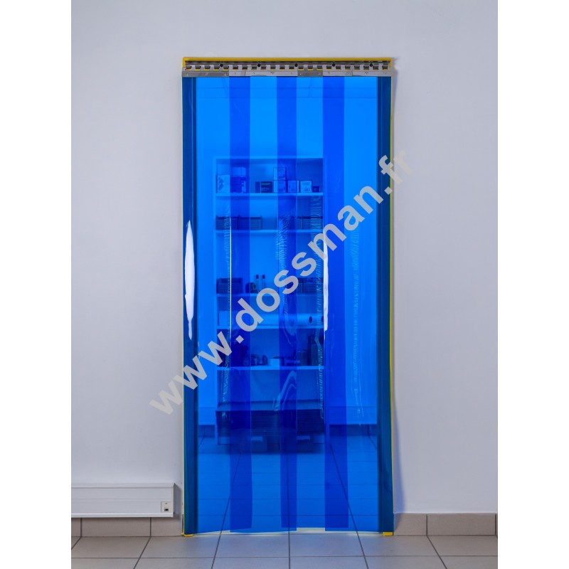 Rideau à lanière PVC - 300x3 mm - Isolation moyenne 95 mm (63 %) - Transparent Bleu - Porte à lamelles TRAFFIC SYSTEM